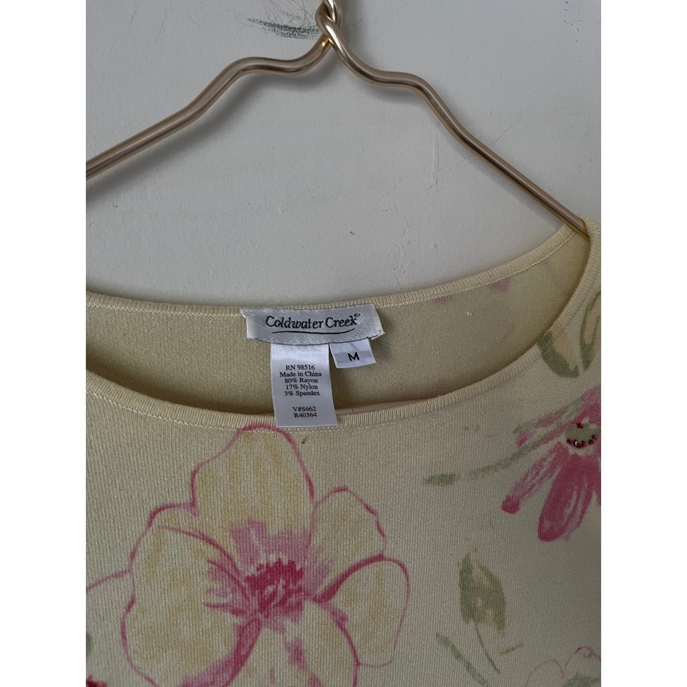 Coldwater Creek Floral Knit Sweater Top Yellow Pink 3/4 Sleeve Cottagecore M - Picture 2 of 6